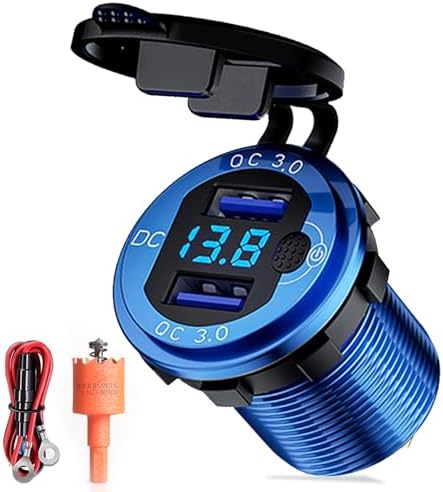Robust 12 V-24 V USB Charger with Dual QC 3.0 Ports – Ultimate Fast Charging Solution for Vehicles, Motorcycles, and Boats – Waterproof & Dustproof All-Metal Design with Non-Slip Button – Includes 2 USB Chargers and Installation Hole Saw for Seamless Connectivity on the Go