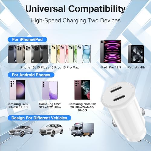 High-Power USB C Car Charger for i Phone 16 & 15 Series – 40 W Dual Port Fast Charging Adapter with 3 FT USB-C to C & A to C Cables – Versatile Compatibility for i Pad, Samsung, and More – Compact Design for On-the-Go Convenience and Enhanced Safety Features