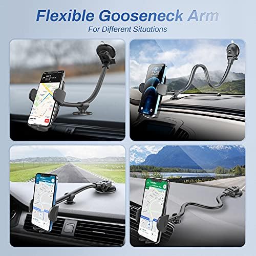 OQTIQ 13-Inch Gooseneck Car Phone Mount – Versatile Windshield & Dashboard Holder with Robust Suction Cup, Anti-Shake Stabilization, Effortless One-Button Release – Universal Compatibility for i Phone 16/15/14 and All Smartphones – Streamline Navigation and Communication While Driving