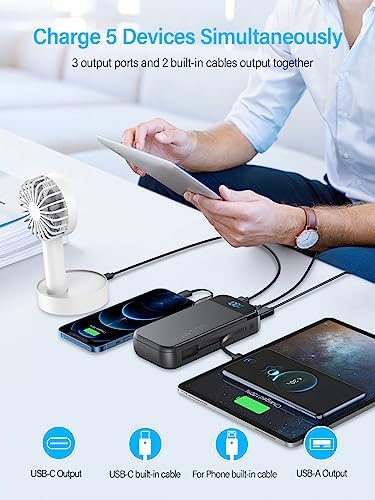 High-Capacity 32000 m Ah Portable Charger with Built-in Cables, Fast Charging Technology (22.5 W QC 3.0 & 20 W PD), Smart LED Display for Multi-Device Power Management – Sleek Blue External Battery Pack for Professionals and Travelers