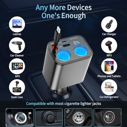 Paiholy Advanced 5-in-1 Retractable Car Charger with Dual USB Ports and Dual Cigarette Lighter Outlets – 159 W Fast Charging Solution for i Phone and All Car Electronics – Clutter-Free Design for Ultimate Travel Convenience