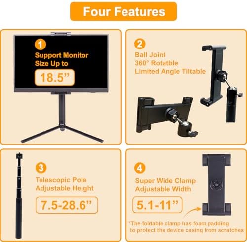 Versatile Travel Monitor Stand FL11 C: Adjustable Height Tablet Holder for 15.6-18.5 Inch Displays with Secure Clamp, Swivel/Tilt Features, and Compact Tripod Design for Enhanced Productivity on the Go