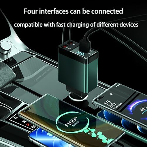 Ultimate 4 in 1 Retractable Car Charger – 66 W Fast Charging Cigarette Lighter Adapter with Integrated USB-C & i Phone Cords – Compatible with i Phone 16, 15/15 Pro Max, Samsung Galaxy, and Pixel Smartphones – Ideal for Effortless On-the-Go Charging
