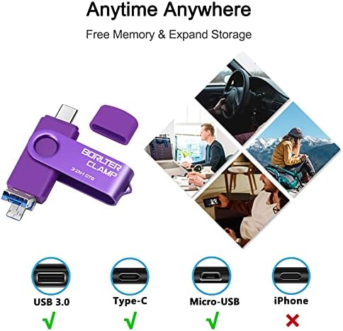 Borlter Clamp 64 GB 3-in-1 USB 3.0 Flash Drive: Versatile OTG Memory Stick with USB C, Micro USB, and USB A Ports for High-Speed Data Transfer Across Android Phones, Tablets, and PCs – Perfect for Samsung Galaxy and LG Users, Compact Storage Solution for Photos and Files