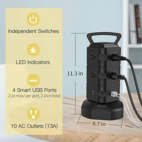 JACKYLED Power Strip Tower Surge Protector with 12 Outlets and 6 USB Ports (2 USB-C) – High-Speed Charging Station with 1050 Joules Protection, 1625 Watts, 6.5 ft Extension Cord for Enhanced Home Office Efficiency and Device Safety