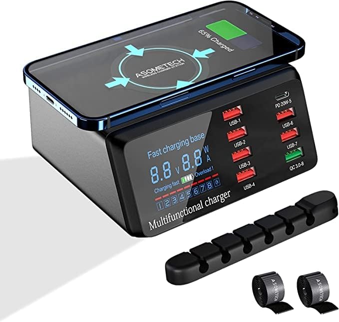 Revolutionize Your Charging Routine with ASOMETECH 100 W 8-Port USB Hub – Ultra-Fast Multi-Device Power Station Featuring PD, Quick Charge 3.0, and Wireless Charging Capabilities – Smart LCD Display for Real-Time Status Monitoring – The Ultimate Solution for Smartphones, Tablets, and More – Optimize Your Workspace with Sleek, Efficient Design for Seamless Connectivity and Clutter-Free Organization