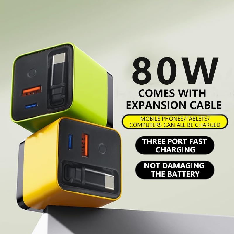 Ultimate 3 in 1 Ga N Charger – 80 W Fast Charging Station with Retractable Type-C Cable & Dual USB Ports for i Phone, Laptops & Tablets – Sleek Green Design for Enhanced Compatibility and Portability