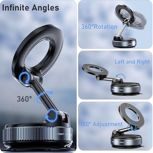 Vacuum Suction Magnetic Phone Holder, 2025 Upgraded Foldable Retractable Suction Cup Car Phone Mount for Magsafe, 360° Adjustable Magnetic Phone Stand for Cars/Gyms/Mirrors/Smooth Surface – Enhanced Compatibility and Speed