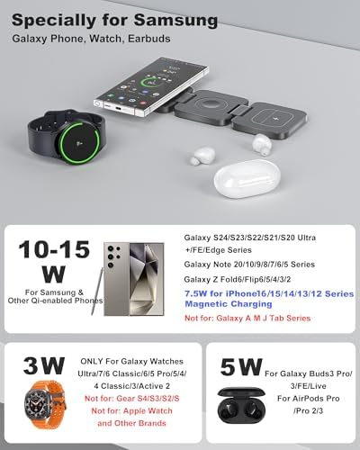 Portable 3-in-1 Wireless Charging Station for Samsung Devices – Foldable and Fast-Charging Travel Stand for Galaxy S24 Ultra, S23, S22, Note 20, Z Fold/Flip 6/5, Galaxy Watch Ultra 7/6/5 & Galaxy Buds – Sleek Gray Design for Maximum Compatibility and Efficiency