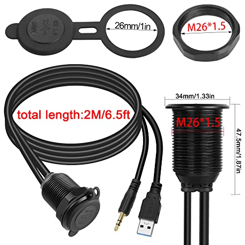 QIANRENON 2 M Waterproof USB3.0 & 3.5 mm Audio Extension Cable – 5 Gbps High-Speed Dashboard Mount for Cars, Boats, and Motorbikes – Durable Aluminum Housing with LED Indicator – Clear Sound & Enhanced Compatibility for All Devices