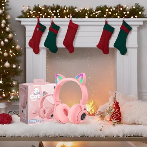Charming Cat Ear Kids Bluetooth Headphones – Stylish Wireless On-Ear Design with Volume Limiter & LED Lights for Safe Listening – Compatible with Amazon Fire Tablets, Laptops, and More (Vibrant Pink) – Ideal for Toddlers and Young Music Lovers!