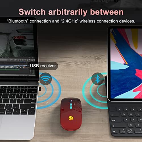 Upgrade Your Workflow with the CC Store LED Wireless Mouse – Dual Connection Modes (Bluetooth & 2.4 GHz), Ultra-Silent Rechargeable Design, Adjustable DPI Settings for Precision, Ergonomic Slim Profile, USB-C Adapter Included – Perfect for Laptops, Mac Books, PCs, Tablets, and i Pads (Black-Red)