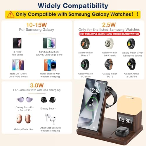 Ultimate 6-in-1 Wireless Charging Station for Samsung & Android: Fast Charger with Alarm Clock & Night Light for Galaxy S25 Ultra, S24, S23, and Samsung Watch7 – Space-Saving Design, Enhanced Compatibility, and Sleek Black Finish for Modern Living