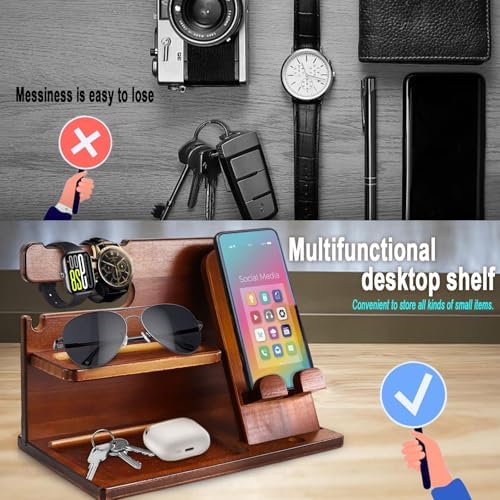 Stylish Wood Nightstand Organizer for Men – Elegant Beige Phone Docking Station & Desk Accessory with Dedicated Compartments for Keys, Wallets, Glasses – Practical Gift Idea for Birthdays & Special Occasions – Enhance Your Bedroom Aesthetics & Simplify Your Nightly Routine
