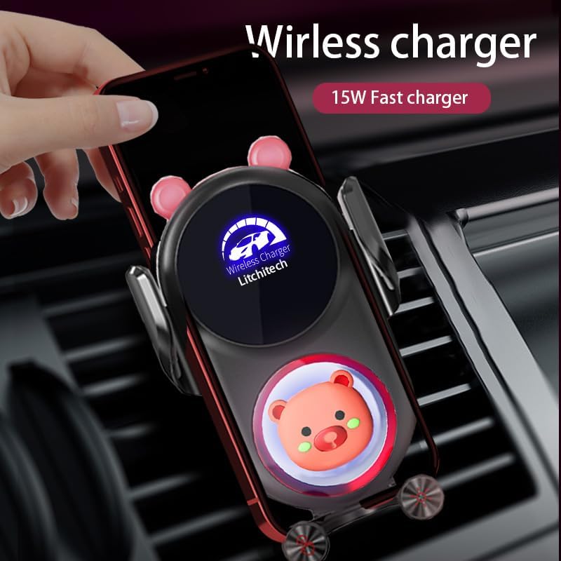 Stylish Wireless Car Charger Mount with Auto-Clamping Smart Sensor – Adorable Black Demon Design for Effortless Charging and Secure Phone Holding, Compatible with i Phone and Samsung Devices, Fast Charging Technology for Ultimate Convenience