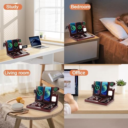 Eco-Friendly Wood Phone Docking Station with Dual 27 W Fast Charging for i Phone, Samsung, Apple Watch & Air Pods – Stylish Nightstand Organizer and Ideal Gift for Men and Women on Birthdays or Anniversaries