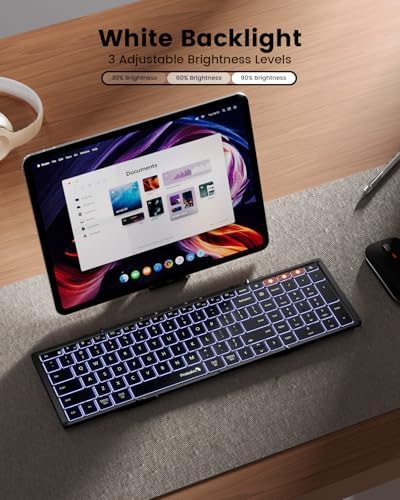 Proto Arc XK01 Plus Backlit Foldable Bluetooth Keyboard – Ultimate Portable Multi-Device Wireless Keyboard for Travel, Featuring Rechargeable Battery and Full-Size Design for i Pad, Tablet, Smartphone, Laptop, and PC Use