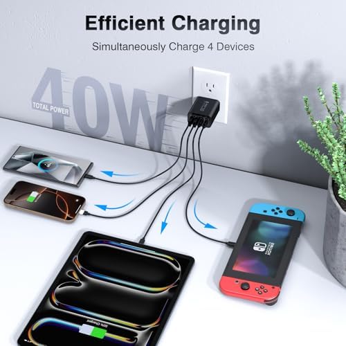 40 W USB C 4-Port Wall Charger 2-Pack – Ultra-Fast Charging Adapter for i Phone 16, i Pad Pro, Nintendo Switch & More – High-Speed PD & QC Technology for Multiple Devices – Compact & Stylish Red Design – Perfect for Travel and Daily Use