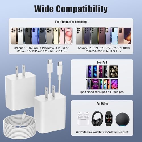 20 W USB-C Fast Charging Wall Charger for i Phone 15/16 & i Pad – Includes 3 Versatile USB-C to C Cables (3 ft, 6 ft, 10 ft) – Ultimate Compatibility with i Phone 15 Pro Max, i Pad Pro, and Samsung Devices – Compact Travel-Friendly Design with Enhanced Safety Features Against Overheating & Overcharging
