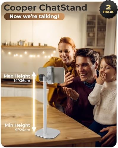 Cooper ChatStand Adjustable Cell Phone Stand for Desk & Video Recording, Rotating Cell Phone Holder for Desk for All iPhone, Samsung, Android, 9-14″ Face-Level Metal Desktop Tripod (Frost White) – Enhanced Compatibility and Speed