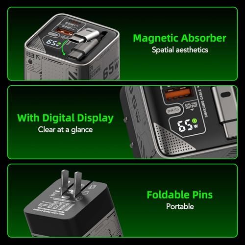 Rapid Charge 65 W Ga N Dual Port Charger with Retractable Type-C Cable – Travel-Friendly USB-C & USB-A Power Adapter for i Phone, i Pad, Mac Book, Samsung Galaxy and More – Enhanced Efficiency & Versatility in Sleek Black Design