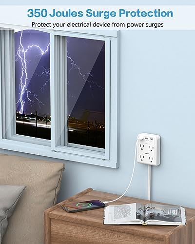 Maximize Power Efficiency with 6 ft Flat Electrical Outlet Extender – 4 Outlets & 3 USB-C Ports, Space-Saving Surge Protector for Home & Office, Rapid Device Charging Power Hub, Sleek White Design