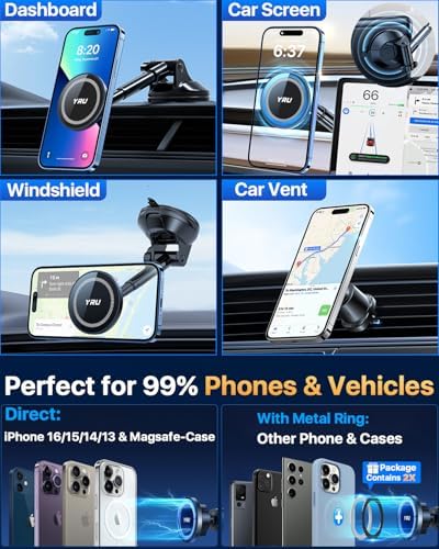 YRU 2025 Magnetic Phone Holder for Car – Superior Patented Magnet Technology for Seamless Dashboard or Windshield Mounting | Mag Safe Compatible | Sleek Black Design Perfect for i Phone 12-16 Pro Max & Samsung | Effortless Installation for Hands-Free Navigation & Calls | Built to Last for Everyday Use