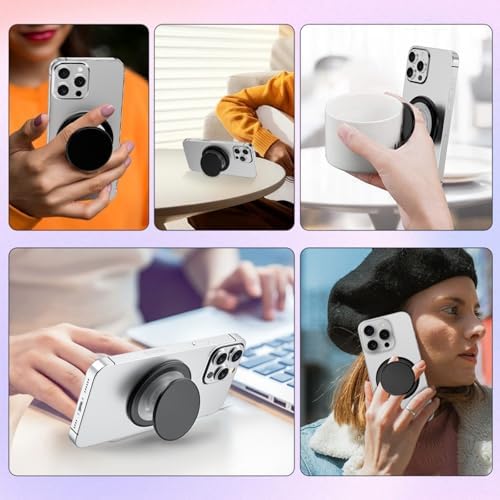 Magnetic Mag Safe Phone Grip Holder – Ergonomic Collapsible Stand for i Phone 12-16 Series, Transparent White Finish for Enhanced Style and Functionality, Secure Grip for Texting and Hands-Free Viewing, Lightweight and Portable Mobile Accessory