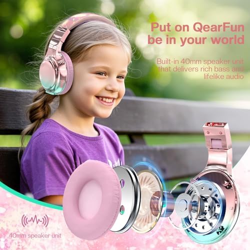 Qear Fun Kids Bluetooth 5.3 Headphones – Ultra-Lightweight Foldable Wireless Headset with Rapid Charging and Integrated Microphone for Seamless School and Travel Listening – Trendy Metallic Gradient Finish for Young Music Lovers – Perfectly Compatible with Tablets and i Pads – Superior Comfort and Sound Quality for Young Listeners