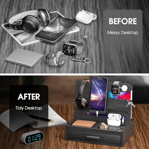 melafa365 Nightstand Organizer for Men,Phone Docking Station with Cable Management,Night Stand with Drawer,Bedside Organizer for Watches,Keys,Wallets,Gifts for Men(Wood) – Enhanced Compatibility and Speed