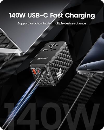 85 W Universal Travel Power Adapter with Retractable USB-C Cable – Optimal Fast Charging Hub for Global Use, Featuring 4 Ports for Seamless Connectivity in US, EU, UK & Beyond, Engineered for On-the-Go Professionals Seeking Efficiency and Versatility