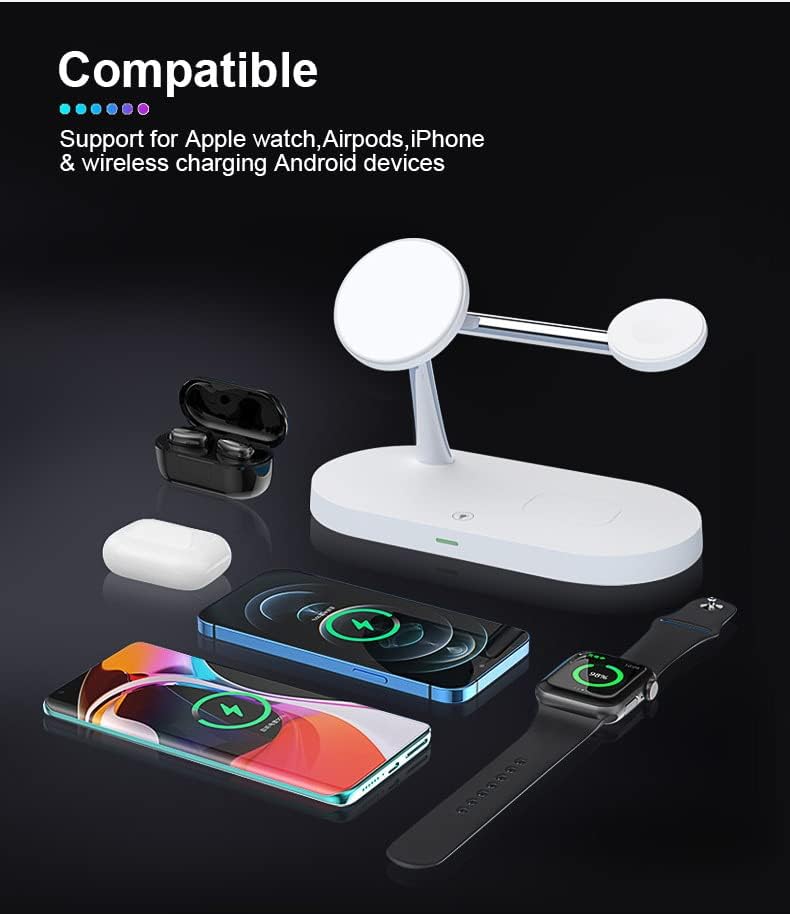 Maximize Your Charging Efficiency with the 5-in-1 Magnetic Wireless Charging Hub – High-Speed 15 W Mag-Safe Dock for i Phone 15/14/13/12, Apple Watch Series 7/SE/6/5/4/3/2, and Air Pods 3/2/Pro – The Ultimate All-in-One Charging Solution for Seamless Device Management and Clutter-Free Workspace