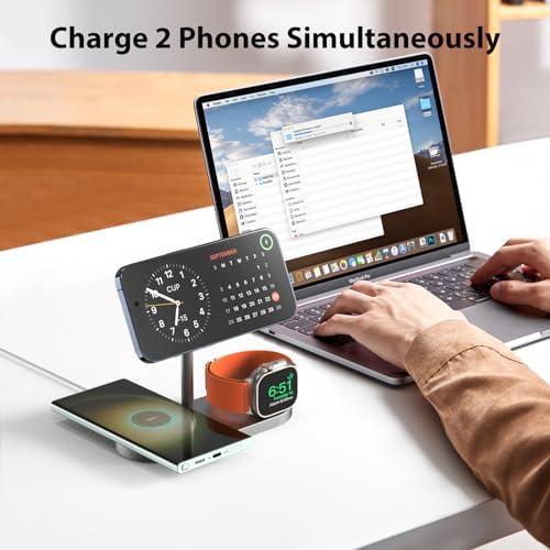 Sleek Aluminum Alloy 3-in-1 Magnetic Wireless Charging Station for Apple Devices – Fast 5 W Charger for i Phone 16/15/14/13/12, Apple Watch 9/8/7/SE & Air Pods – Ideal Travel Accessory for Clutter-Free Charging Solutions
