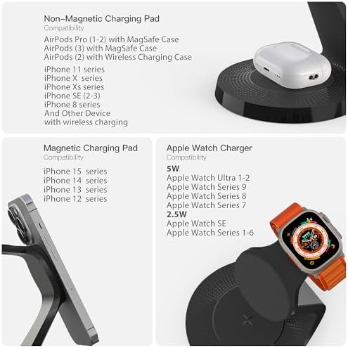 Ultimate 3-in-1 Mag Safe Charging Station for Apple Devices – Fast Wireless Charger for i Phone 16/15/14/13/12, Air Pods & Apple Watch with USB-C Compatibility – Sleek, Space-Saving Design for Home and Office Use