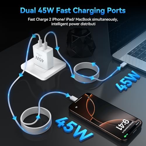 Power Up Your Devices Instantly with the 45 W Dual USB-C Fast Charger for i Phone 16 Series – Includes 6.6 FT USB-C Cable for Maximum Convenience and Compatibility with Pad Pro/Air, Galaxy S25/S24, and More – Compact, Reliable, and Efficient Charging Solution