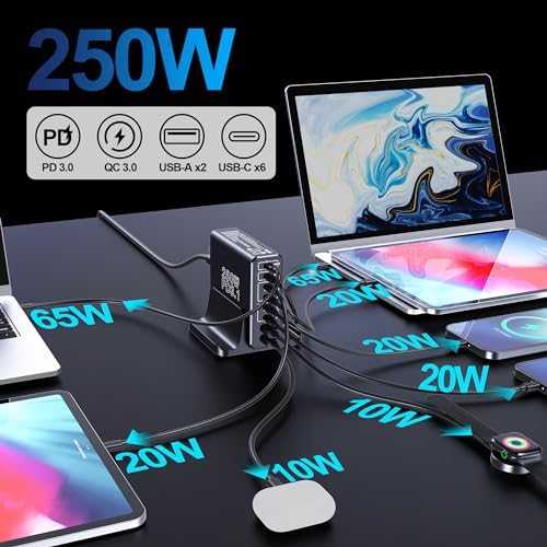 Aftertop 250 W Ga N USB C Charging Station – 8-Port PD3.1 Fast Charger for Laptops & Mobile Devices – Compact Multi-Device Power Hub for Mac Book, i Phone 15/16 Pro Max, Galaxy S24/S23 Ultra, Pixel & More – Ultimate Efficiency & Safety Features