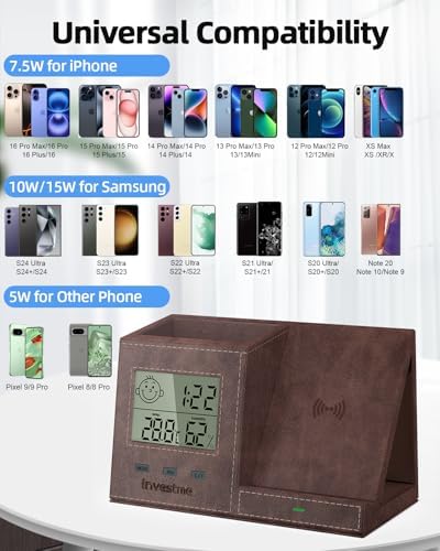 Multi-Functional Desk Organizer with Wireless Charging, Digital Thermometer & Humidity Monitor – Stylish Brown Pen Holder for Home Office Efficiency and Clutter-Free Workspace