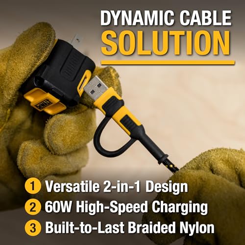 DEWALT Heavy Duty 2in1 Charging Cable, USB C to USBC w/Adapter USB, 60W PD Fast Charging & Data Sync, TypeC Charger Cables for Multiple Devices for iPhone 16/15 Pro Max, MacBook, iPad, Samsung Galaxy – Enhanced Compatibility and Speed