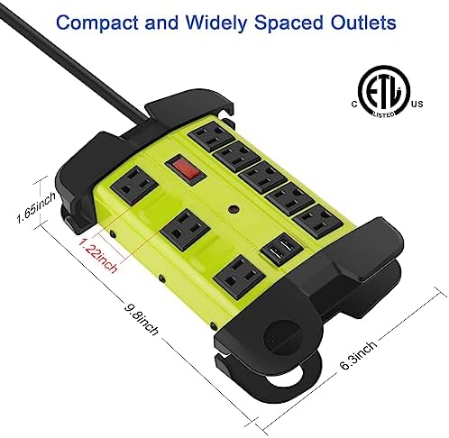 Industrial Heavy Duty Power Strip with 8 Outlets & USB Ports – 2700 Joules Surge Protector for Workshop & Garage – 15 Amp Metal Power Strip with 6 FT Extension Cord for Enhanced Device Compatibility & Fast Charging