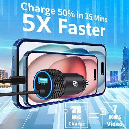Rombica 105 W MFi Certified Dual USB-C & USB-A Fast Car Charger for i Phone 16 Pro Max – Ultimate Portable Power Solution with 6 FT Coiled Type-C Cable for Rapid Charging on the Go, Perfect for Road Trips and Daily Commuting