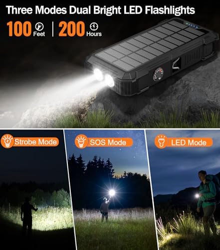 GOODaaa 42800 m Ah Portable Solar Power Bank with Built-in Cables and 15 W Fast Charging – Multi-Device Outdoor Charger with 5 Outputs, 3 Inputs, Emergency Flashlight and Durable Carabiner for Ultimate Convenience and Reliability