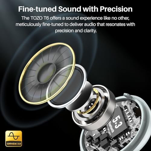 TOZO T6 Bluetooth 5.3 Wireless Earbuds – Immersive Stereo Sound, 50-Hour Playtime, IPX8 Waterproof Design, Customizable EQ via App, Ergonomic Fit – Ideal for Active Lifestyles and Seamless Connectivity
