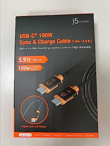 j5 create 100 W USB C to USB C Fast Charging Cable – 5.9 ft Double Braided Design with E-Marker Chip for Enhanced Compatibility and Speed – Ideal for Samsung Galaxy, i Pad Pro, Laptops, and More – Reliable Power and Data Transfer for Ultimate User Experience