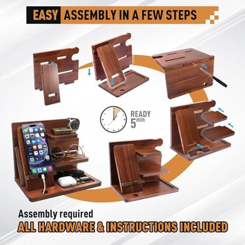 Wood Phone Docking Station for Men – Desk or Nightstand Organizer – Birthday Gifts for Husband, Dad – Anniversary Idea from Wife – Key Holder, Stand Wallet, Watch & Essentials – Enhanced Compatibility and Speed