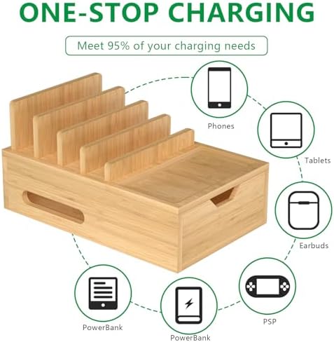 Eco-Friendly Bamboo Multi-Device Charging Station with 5-Port USB Hub, Elegant Desktop Organizer with Tray & Drawer, Includes 6 Durable Cables for Smartphones, Tablets & Smartwatches – Streamlined Power Solution for Clutter-Free Workspaces