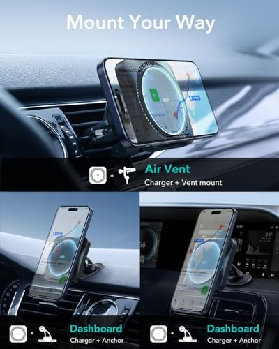 Revolutionize Your Drive with the ESR 15 W Mag Safe Car Mount Charger – Fast Wireless Charging for i Phone 12-16, Featuring Cryo Boost for Optimal Cooling, Apple-Certified Magnetic Phone Charger for Effortless Compatibility and Enhanced Performance on the Go