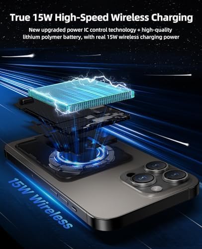 Magnetic 10,000 m Ah Wireless Power Bank – Fast Charging Mini Portable Charger with LED Display & Type-C Cable for Mag Safe i Phone 12/13/14/15 – Ultimate On-the-Go Charging Solution in Sleek Black Finish