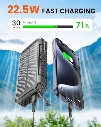 Riapow 27,000 m Ah Solar Power Bank – Ultra-Fast 22.5 W Wireless Charger with Built-in Cables for 6 Devices, Ideal for Outdoor Adventures and Emergency Power Needs – Charge i Phone 16 to 65% in 30 Minutes with High-Capacity Battery and Efficient PD 3.0 Technology – Stay Connected Anywhere, Anytime