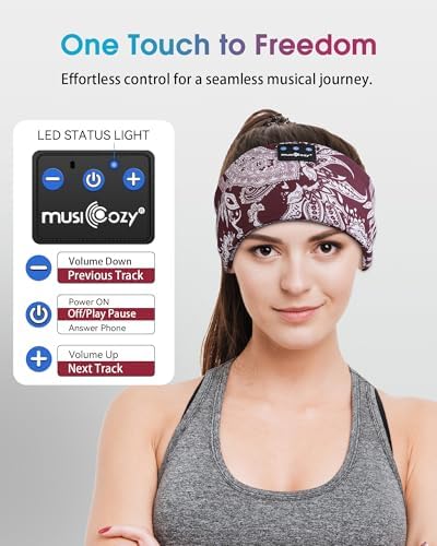 MUSICOZY Bluetooth 5.4 Sleep Headband – Ultra-Thin Stereo Earbuds for Uninterrupted Comfort and Performance, Sweat-Resistant for Active Lifestyles & Serenity (White Red) – Elevate Your Audio Experience with Innovative Design and Superior Sound Quality
