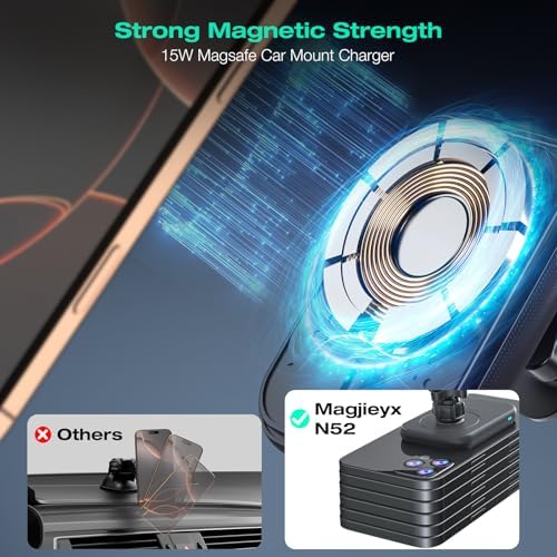 Mag Safe Car Mount Charger – 15 W Fast Wireless Charging Phone Holder for i Phone 16/15/14/13/12 Pro Max Plus – Secure Magnetic Fit for Dashboard, Windshield, Air Vent & Desk – Ultimate Convenience for Bumpy Roads – Enhanced Compatibility & Speed for Modern Drivers